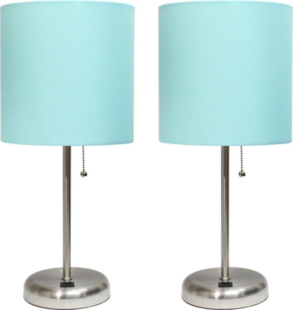 Creekwood Home 19.5 Oslo Contemporary Bedside Duo, Brushed Steel Table Lamp Two Pack Set with USB Port Shades