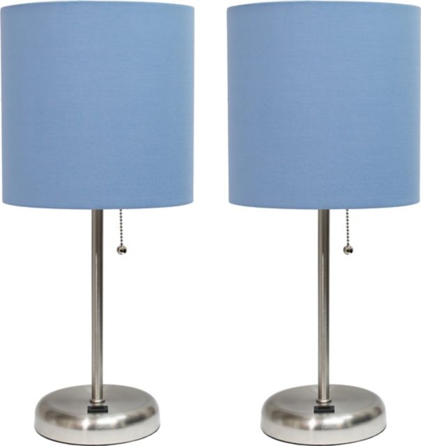 Creekwood Home 19.5 Oslo Contemporary Bedside Duo, Brushed Steel Table Lamp Two Pack Set with USB Port Shades