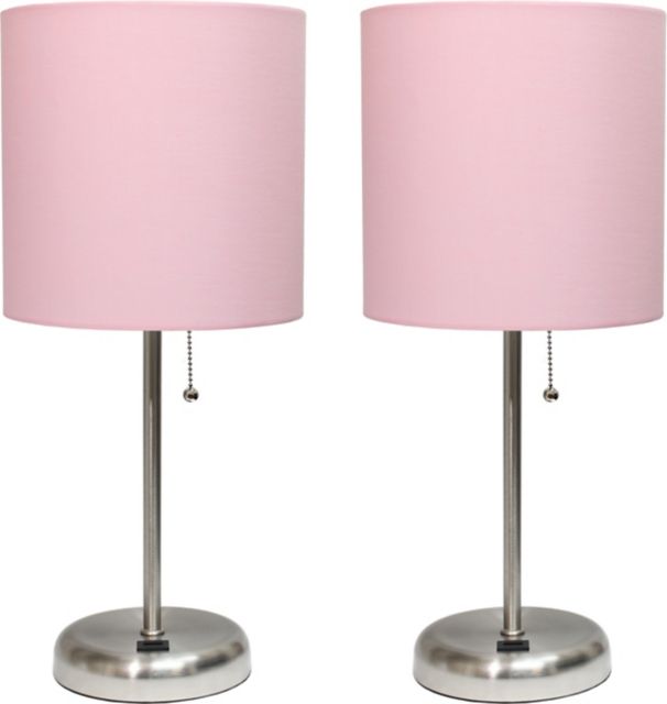 Creekwood Home 19.5 Oslo Contemporary Bedside Duo, Brushed Steel Table Lamp Two Pack Set with USB Port Shades