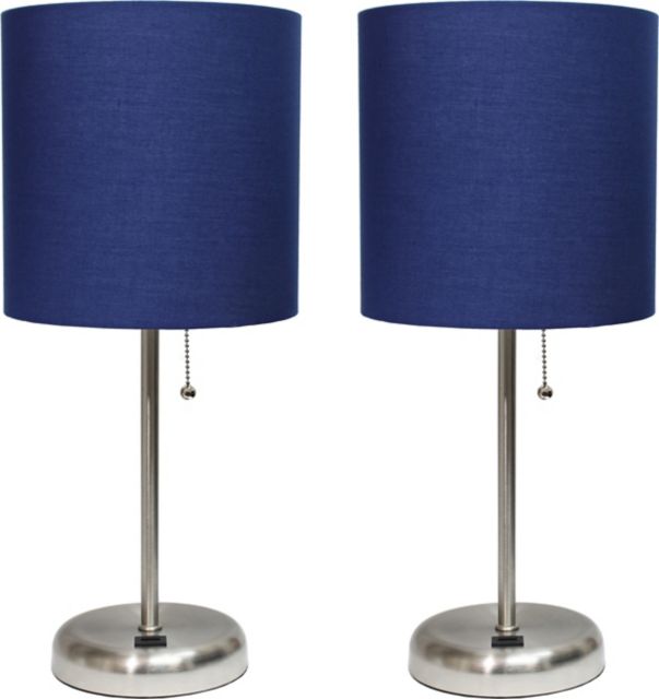 Creekwood Home 19.5 Oslo Contemporary Bedside Duo, Brushed Steel Table Lamp Two Pack Set with USB Port Shades