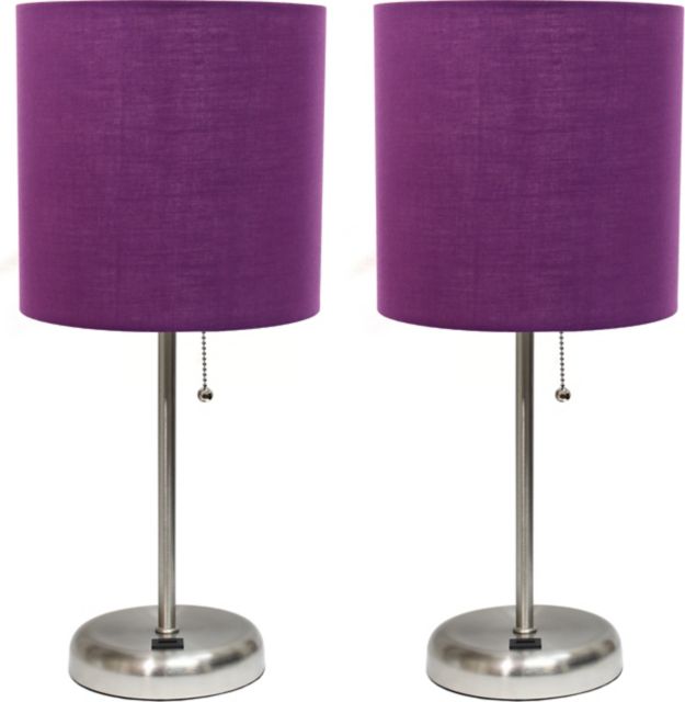 Creekwood Home 19.5 Oslo Contemporary Bedside Duo, Brushed Steel Table Lamp Two Pack Set with USB Port Shades