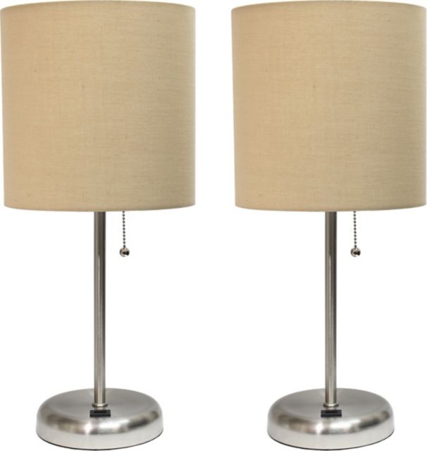Creekwood Home 19.5 Oslo Contemporary Bedside Duo, Brushed Steel Table Lamp Two Pack Set with USB Port Shades