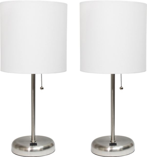 Creekwood Home 19.5 Oslo Contemporary Bedside Duo, Brushed Steel Table Lamp Two Pack Set with USB Port Shades